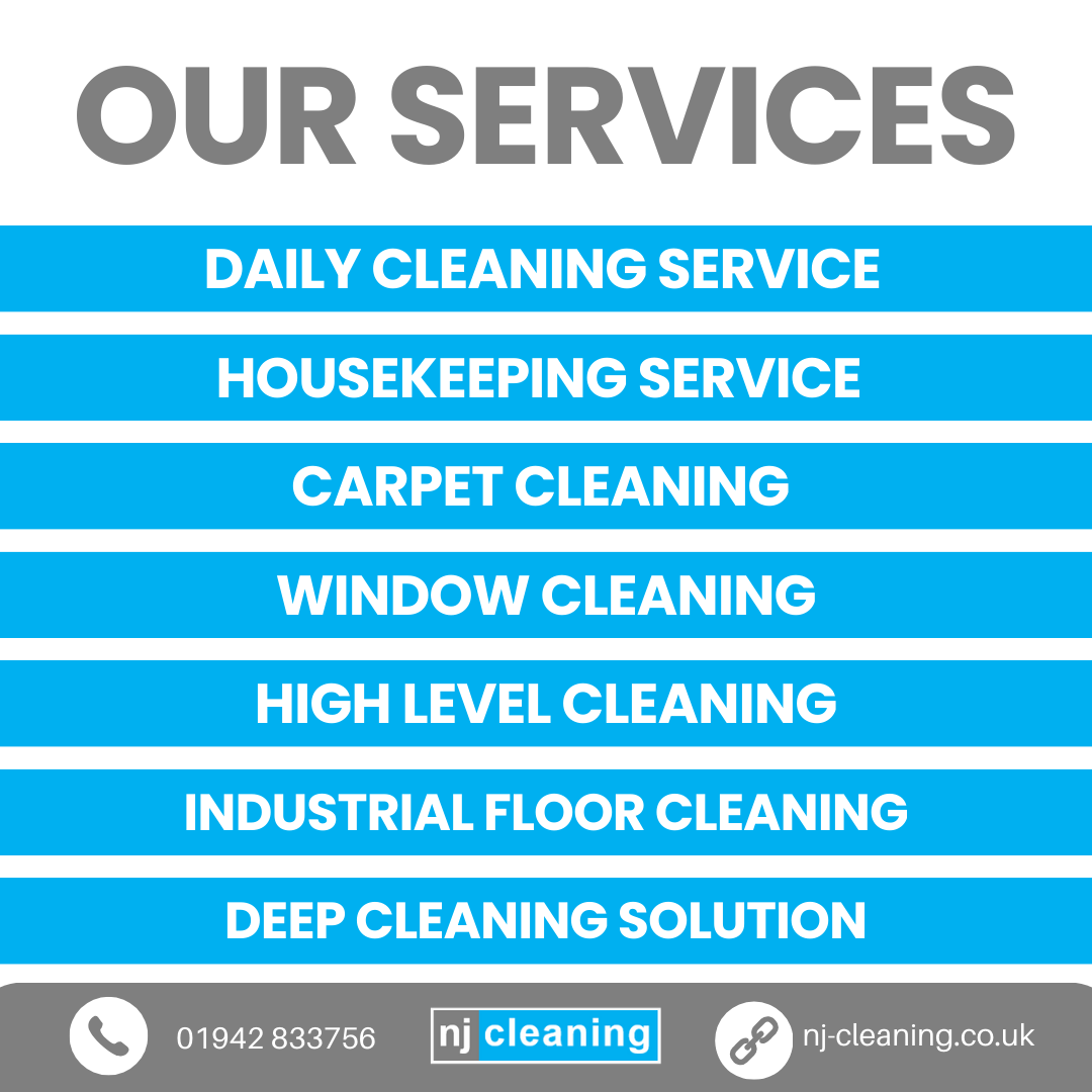Quick reminder of all of the services we offer here at NJ Cleaning ➡️

Contact us today for your free quote:
✉️: info@nj-cleaning.co.uk
📞: 01942 833756

#njcleaning #njcleaningservices #njcleaningwigan #cleaning #clean #commercialcleaners #teamnjcleaning #wigan #wigancouncil