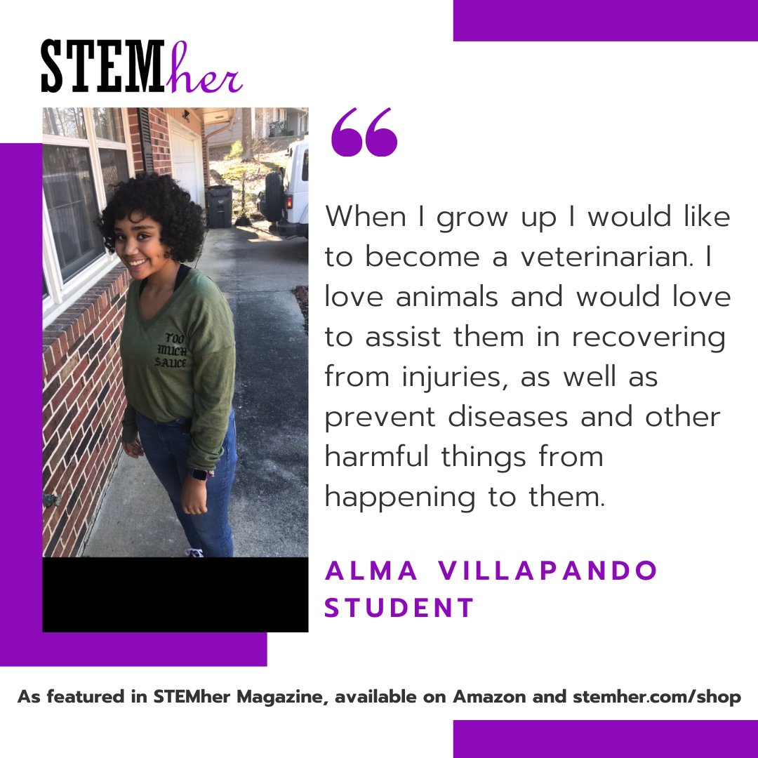 STEMher_'s tweet image. "When I grow up I would like to become a veterinarian. I love animals, and I want to prevent diseases &amp;amp; harmful things from happening to them" - Alma Villapando, Student.

Get STEMher Magazine on Amazon and stemher.com/shop

#blackhistorymonth #blackstemlikeme #girlsinSTEM