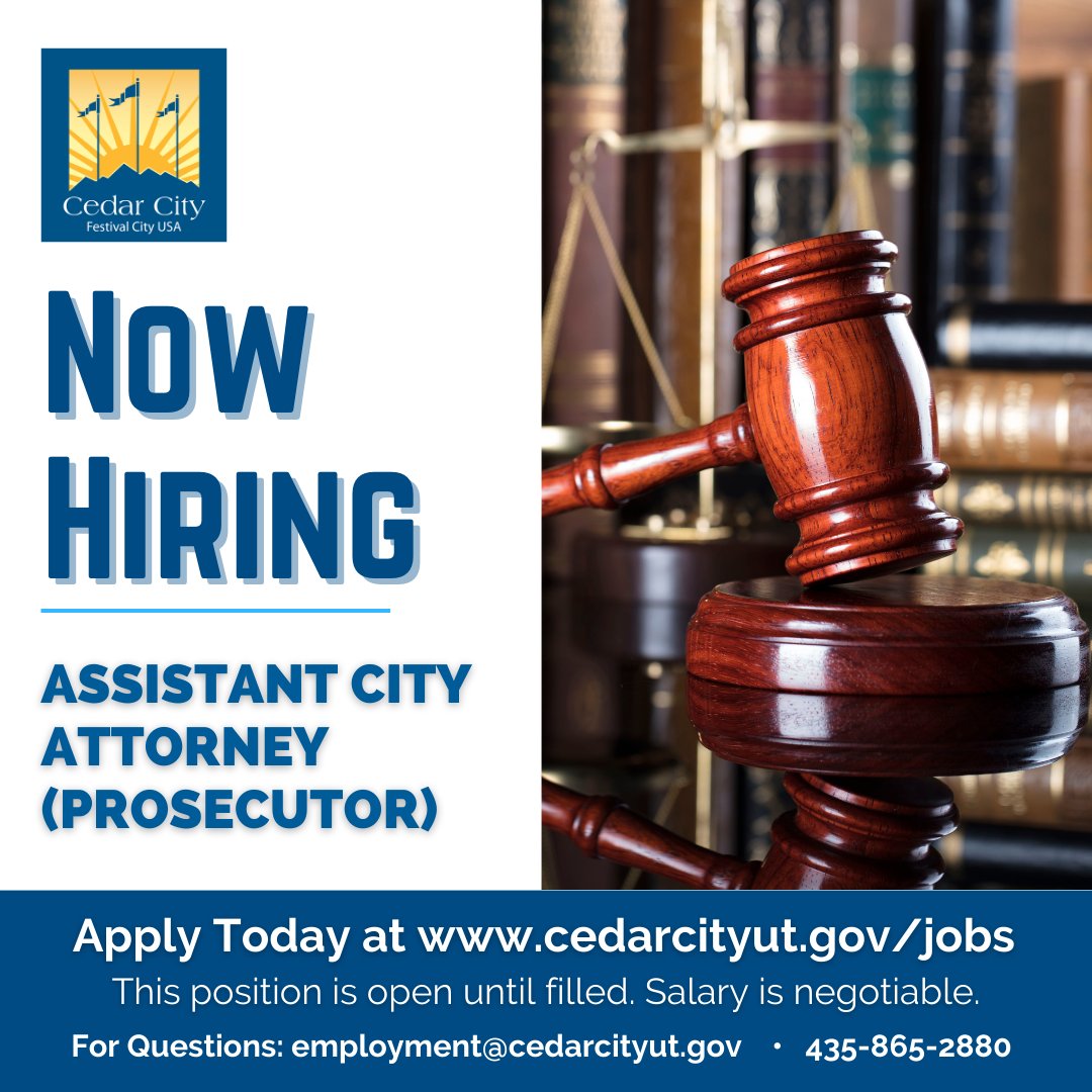 NOW HIRING: Assistant City Attorney (Prosecutor)

Position is open until filled and the salary is negotiable.

Visit our website to read the full job description and learn more: cedarcityut.gov/jobs

#attorneyjobs #utahattorney #utahlawyer #utahcareers #utahjobs #barexam