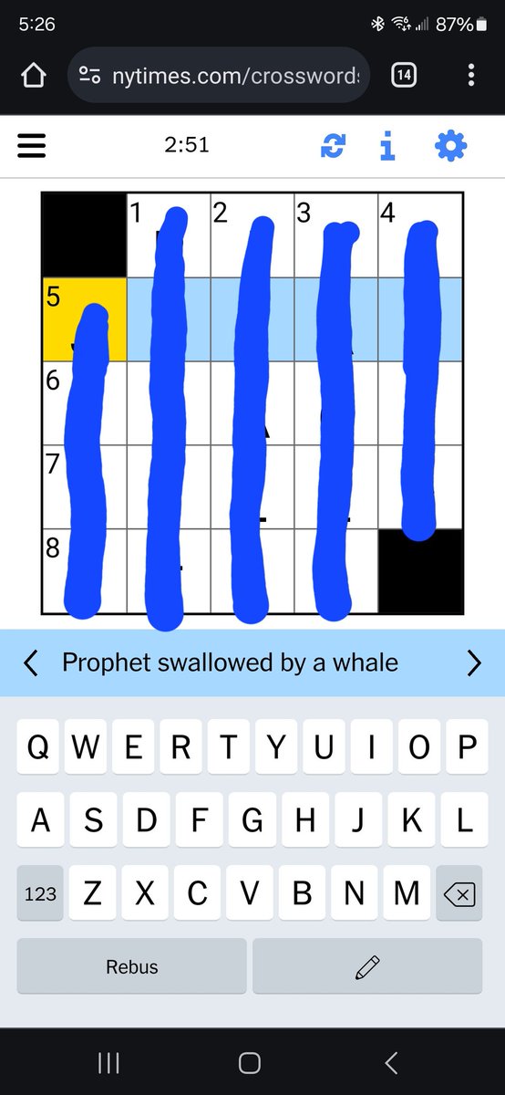 jeffpalk's tweet photo. @NYTGames Technically in the story, it was a "great fish" not a whale. But it took me almost 3 minutes to finish the mini, so maybe I'm not the one to be correcting anybody else. But keep bringing the Bible trivia! Those are about the only ones I really know. https://t.co/1NXxsXlWgM