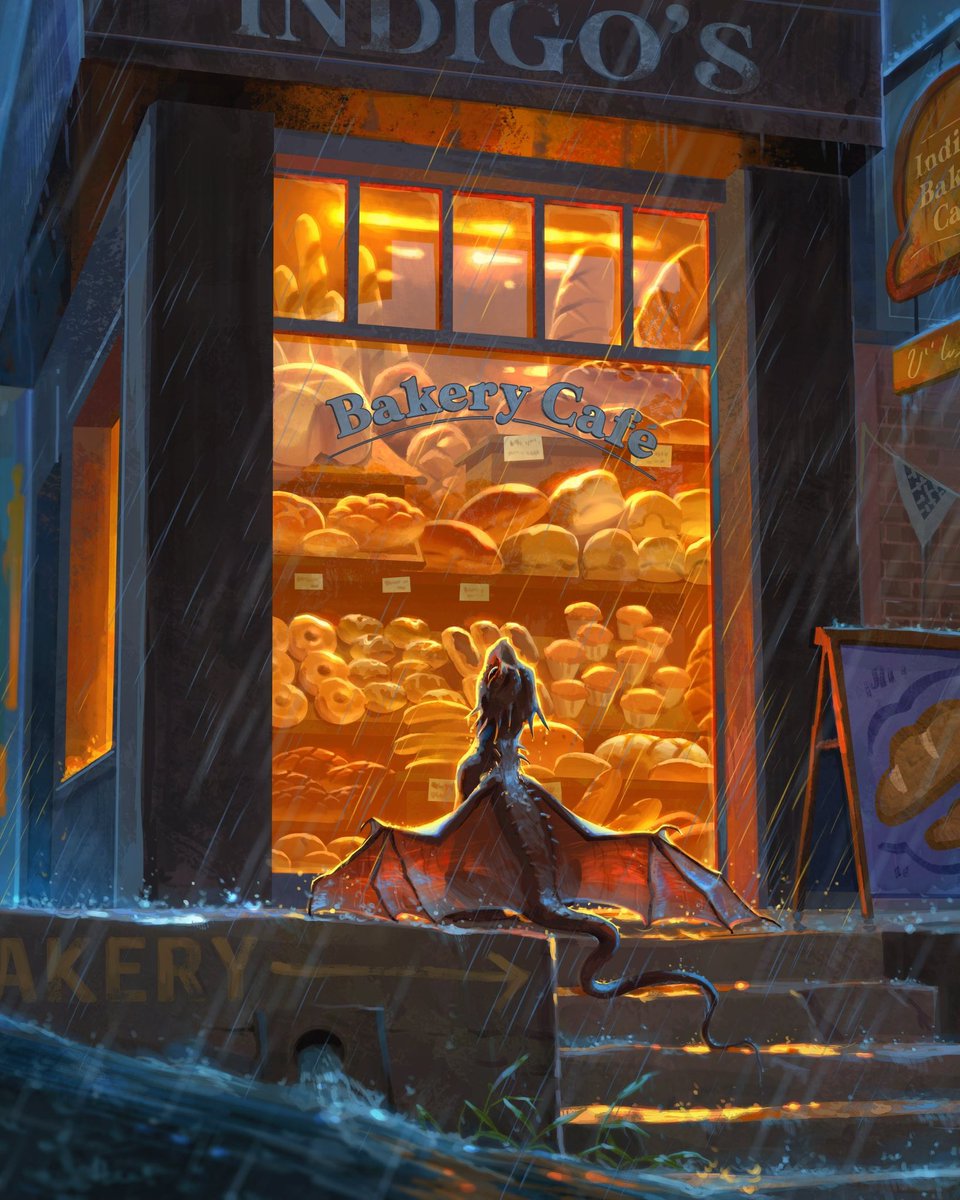 In the original version of the painting, pictured above, the style is more realistic and the angle is a bit closer to 3/4. It is also raining harder, and the sign says “bakery cafe”