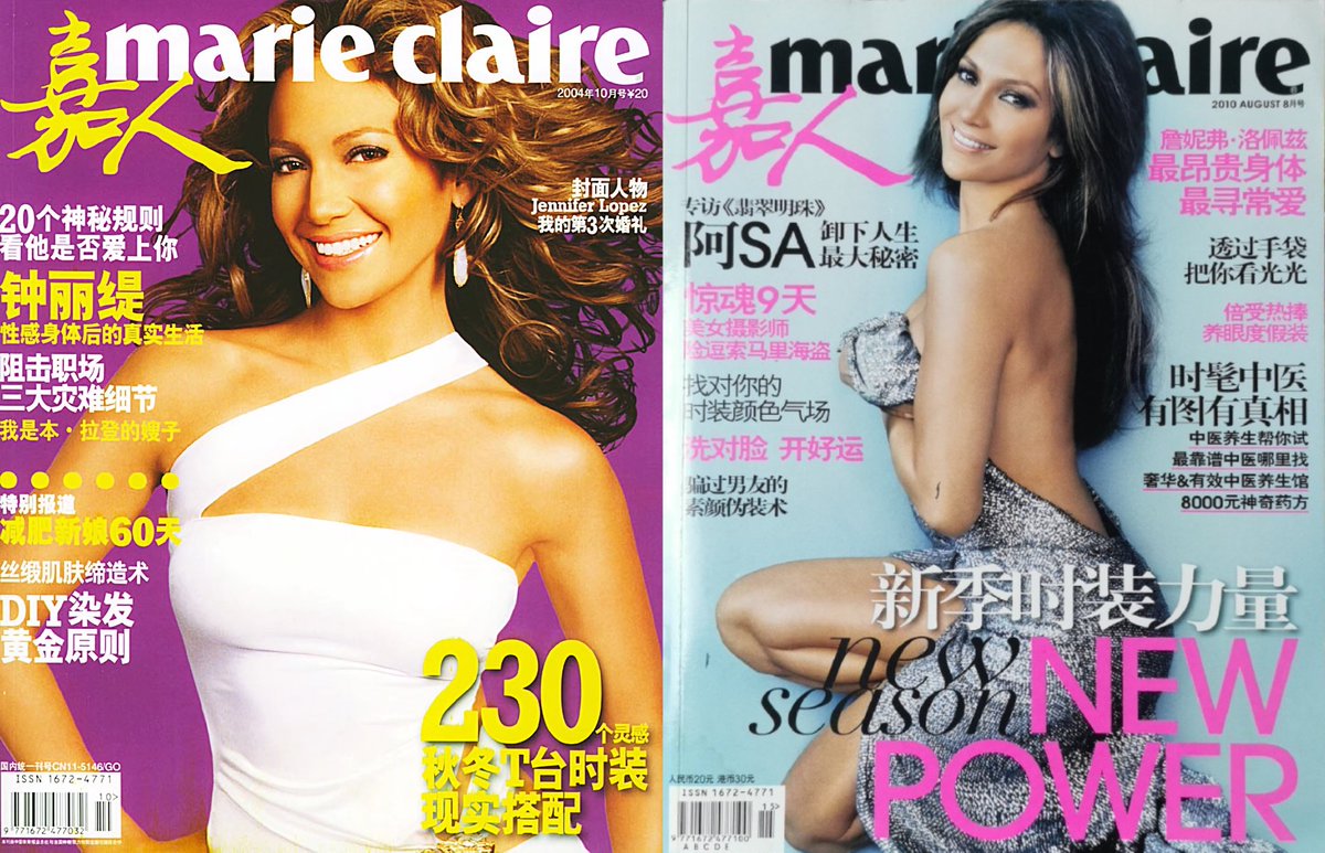 The Big Five Women's Magazines In Mainland China🇨🇳

Jennifer Lopez Is The Western Female Artist Having The Most Covers😎

marie claire
2003.02
2003.07
2004.10
2010.08
#JenniferLopez #JLo #marieclaire