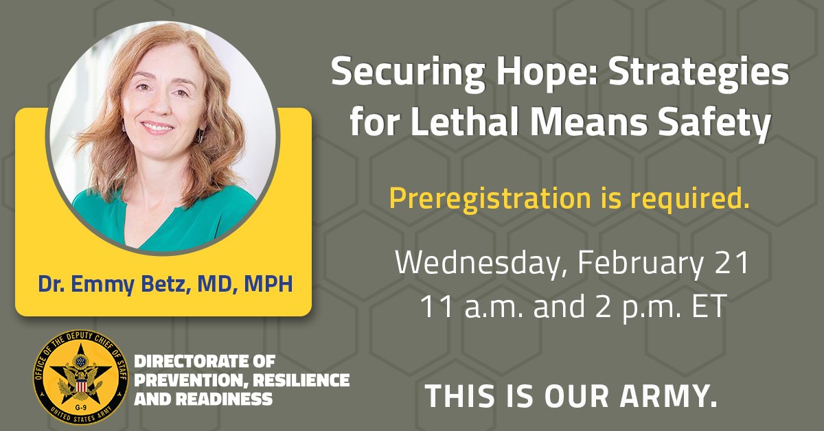 Excited and honored to present on #SuicidePrevention in @USArmy communities - hope you'll tune in! Feb 21 at 9am MT and noon MT @CUCombatCenter @CUAnschutz @CUEmergency @DSPO_BeThere DPRR Outreach Webinar “Securing Hope: Strategies for Lethal Means” content.govdelivery.com/accounts/USARM…