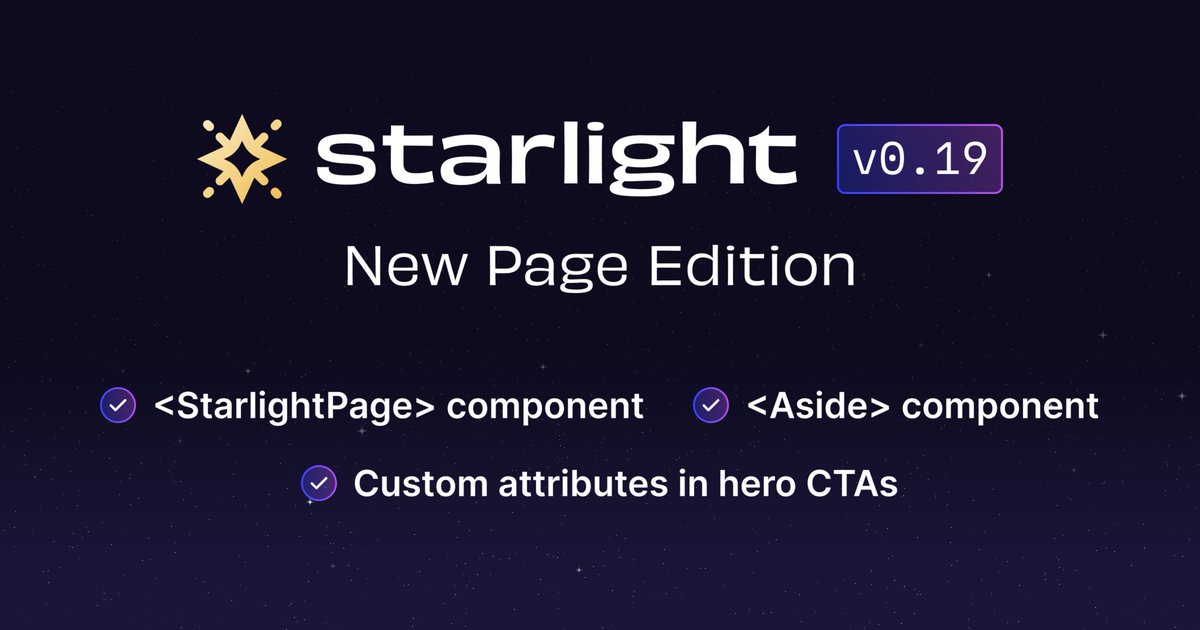 NEW: Custom Pages in Starlight 🌟 Ready to announce your big v1.0.0 release, but don't have an existing place to post about it? Starlight 0.19 has you covered with custom content living right alongside your docs: starlight.astro.build/guides/pages/#…