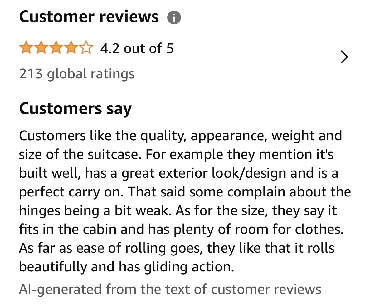 davidkkang's tweet photo. Love this use of gen AI in e-commerce — aggregating a summary of customer feedback and reviews. Way quicker to assess a product and make a buying decision https://t.co/FbD9qqKWcR