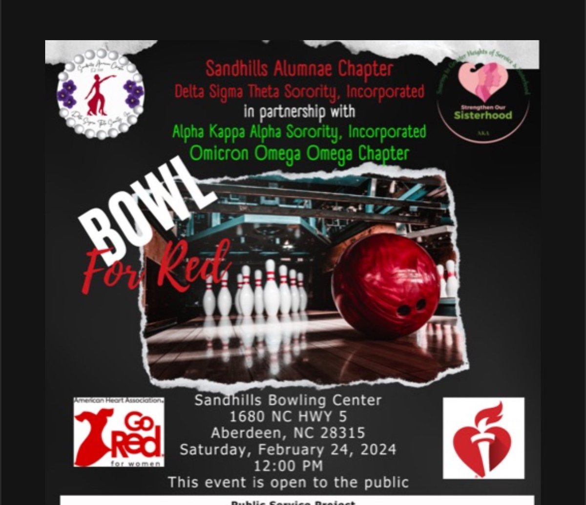 Join us for bowling in our annual Bowl for Red event in collaboration with the AKA Omicron Omega Omega Chapter at the Sandhills Bowling Center in Aberdeen on Feb 24.  Please support our mission and donate nonslip socks for Senior Citizens.   
<a href="/SensationalSAR/">South Atlantic Region-DST</a>   #sandhillsalumnae