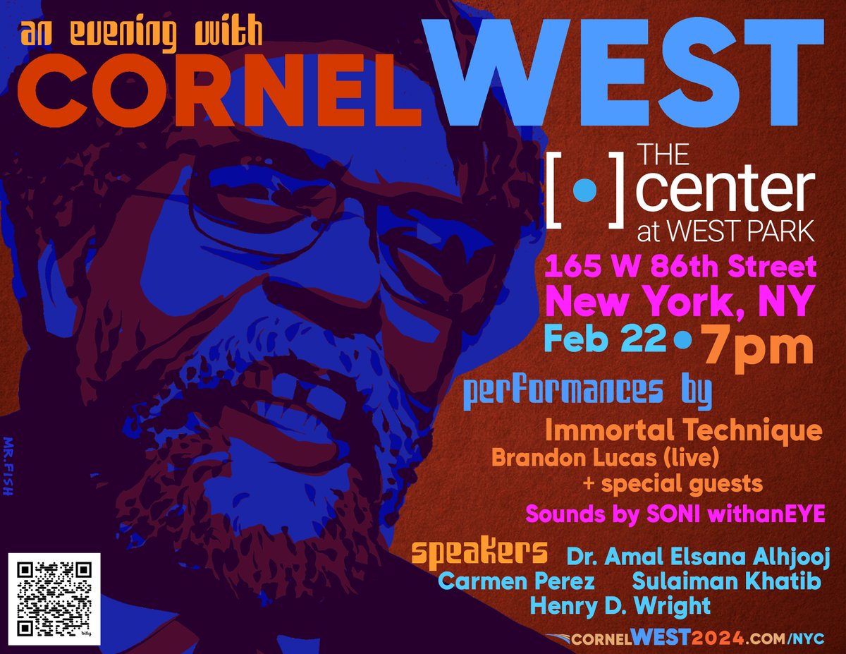 Join us Feb. 22nd in NYC for a special evening at the Center at West Park with musical  performances by <a href="/ImmortalTech/">Immortal Technique</a> @brandonlucasofc and sounds by <a href="/SONIwithanEYE/">SONI</a> + other special guests and speakers.

TICKETS:   cornelwest2024.com/nyc

#CornelWest2024 #TruthJusticeLove #NYC