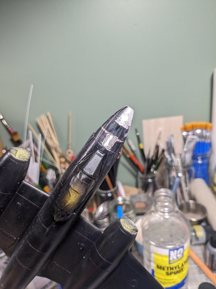 slowmademodels's tweet photo. A few seams filled and sanded. Scribed, filled and sanded again to get the Meteor ready for paint. Another draft of the masked markings is underway tonight ready for it to be used in anger soon! #JFFJET https://t.co/O1fJejE1MK