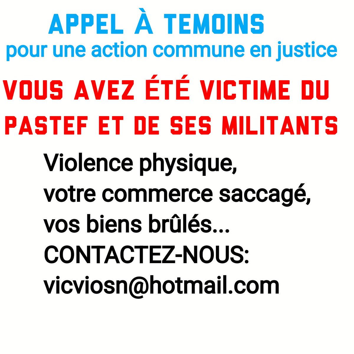 Fatimina70's tweet photo. APPEL A TEMOINS POUR
UNE ACTION COMMUNE EN #JUSTICE 🇸🇳

POUR QUE LES #CASSES, #SACCAGES,  #PILLAGES ET #VIOLENCES DES MILITANTS DU #PASTEF NE RESTENT PAS IMPUNIES 🇸🇳

Nous récoltons toutes les preuves : vicviosn@hotmail.com

#senegal 🇸🇳  #terrorism 
#PasdOubli🇸🇳 #PasDimpunite 🇸🇳 https://t.co/mgRdcbAwqV