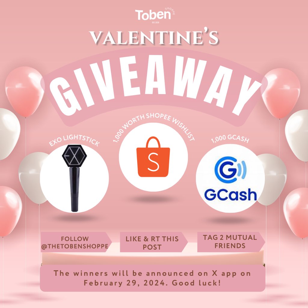 We hope it’s not yet too late for a Valentine’s Giveaway! 🫣

Get a chance to win 
💫 EXO lightstick V1 or
🤑 ₱1,000 GCASH or
🛍️ ₱1,000 worth of Shopee wishlist

3 winners will be announced. To join:
- Follow us on our social medias
- LIKE and RT 
- Tag 2 mutuals!
- Comment
