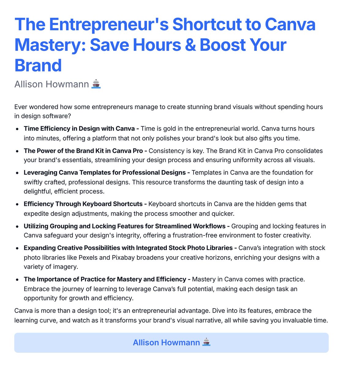 AllisonHowmann's tweet image. The Entrepreneur&apos;s Shortcut to Canva Mastery: Save Hours &amp;amp; Boost Your Brand #CanvaForEntrepreneurs #DesignEfficiency #BrandBoosting #CanvaMastery #TimeSavingDesigns #EntrepreneurialBranding #CanvaTips #VisualBranding #CanvaProHacks #StreamlinedDesign #BusinessVisuals