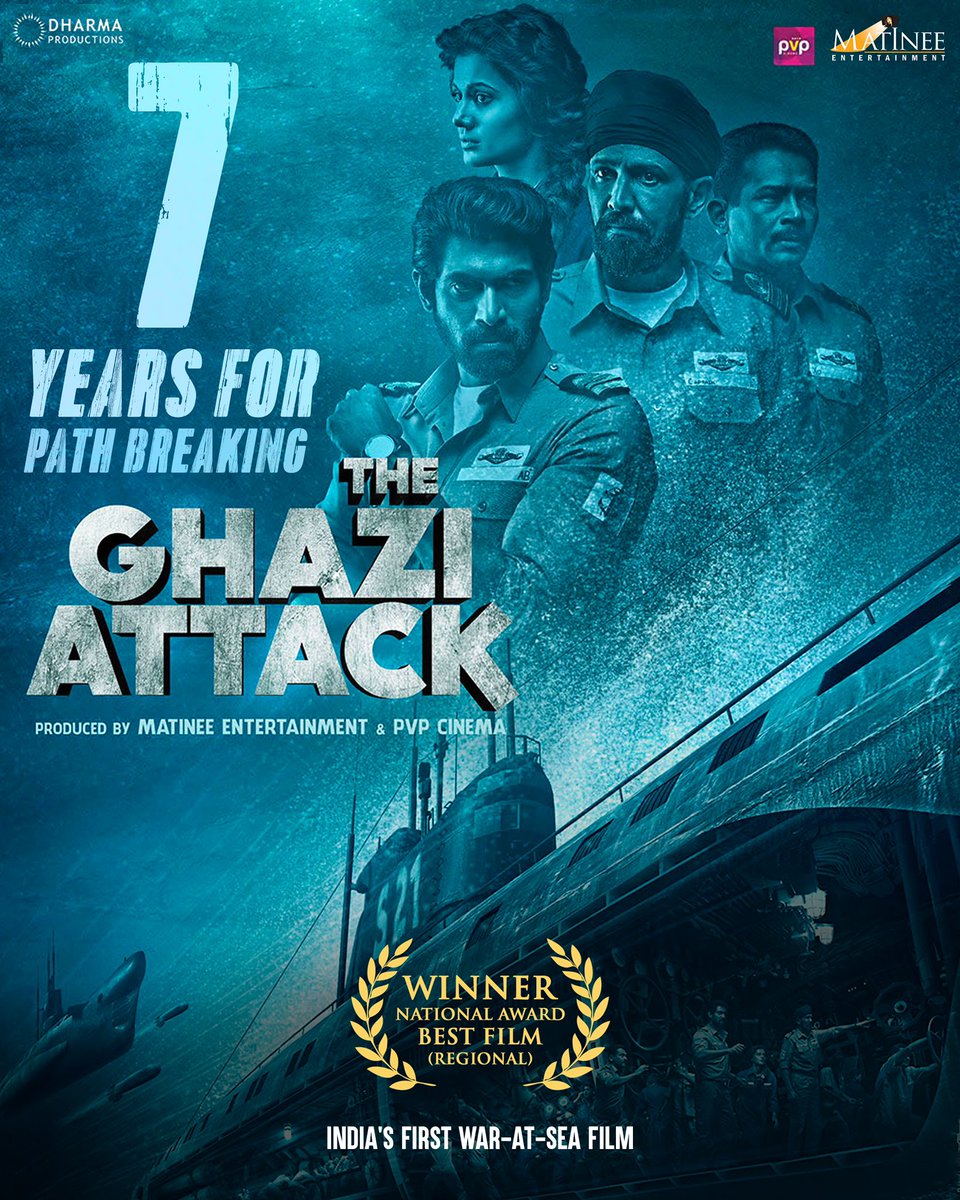 Celebrating 7 years of the National Award-winning movie #GHAZI that made us all proud❤️ India's first war-at-sea film. Heartfelt gratitude for your sea of love🇮🇳 #7YearsOfGHAZI @RanaDaggubati @taapsee @KayKayMenon4U @MatineeEnt @PVPCinema #SankalpReddy @karanjohar @pasha_always