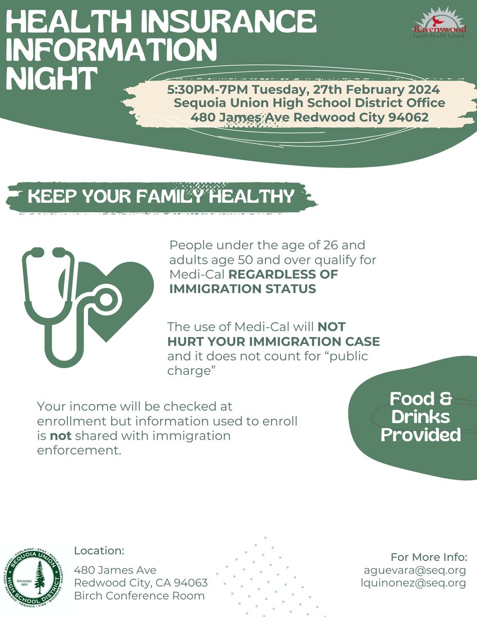 SUHSD and @ravenswoodfhn will host a family health insurance information night on February 27 at the SUHSD District Office from 5:30-7:30 PM! Families, join us and learn all you need to know about how to sign up for Medi-Cal/health insurance.