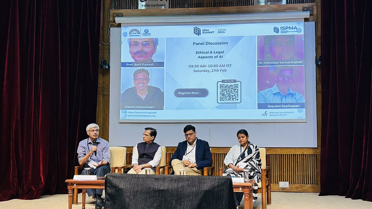 SagarBaluVyas's tweet photo. Insightful panel discussion on "Ethical and Legal Aspects of AI" at @IspmaIndia SPM Summit. Key takeaways: Responsible AI development, ethics vs. regulations, addressing biases, and the role of product managers in driving ethical AI adoption. #spmsummit https://t.co/vTJiY6XYX0