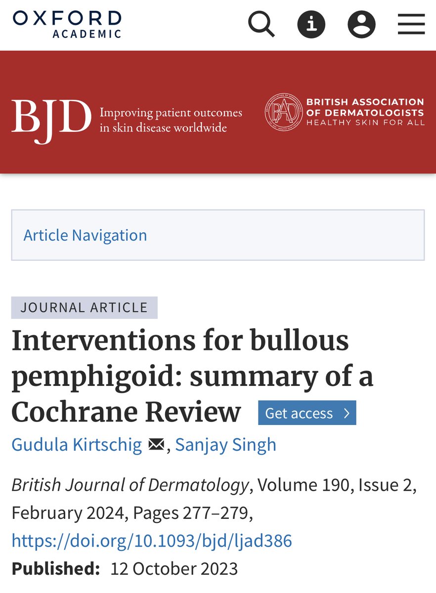 Interventions for bullous pemphigoid: summary of a Cochrane Review

doi.org/10.1093/bjd/lj…