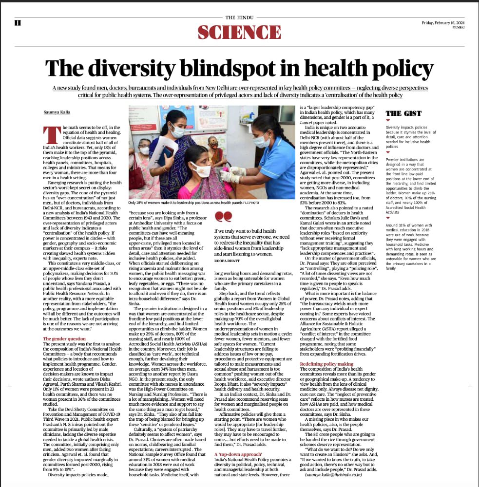 Fuelling the push for better diversity in decision-making bodies, the glaring lack of it in health committees has been covered by the Hindu🌟 @parth_0013 @docVRK thehindu.com/sci-tech/healt…