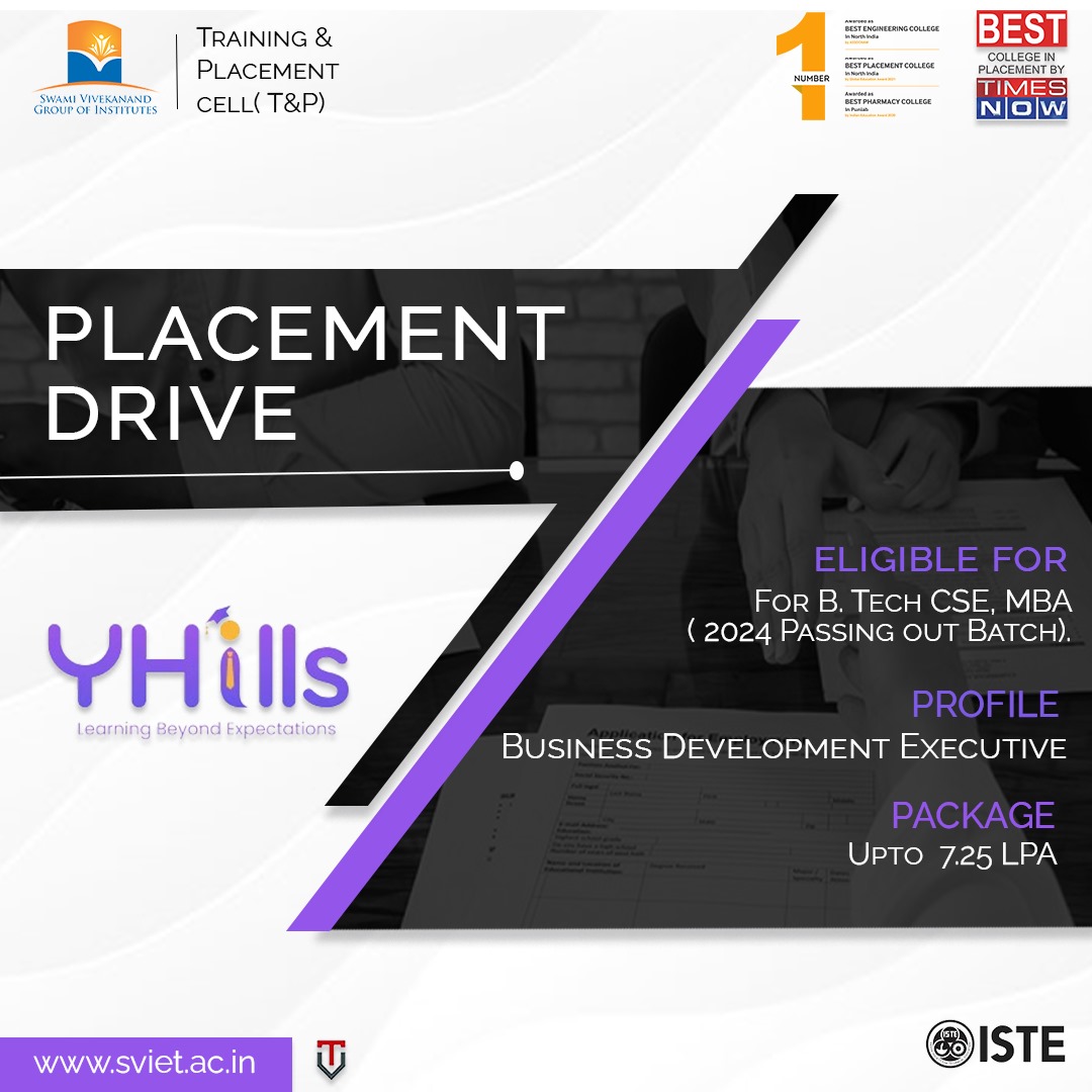 #PlacementDrive Announcement
Company: #yhills
For #BTech #CSE, #MBA 2024 Passing outs
Profile: #businessdevelopmentexecutive
Package: Upto 7.25 LPA
Apply Now! Hurry up and secure your spot
#sviet #college #Punjab #Chandigarh #placement2024 #CampusPlacement #CampusDrive #jobready