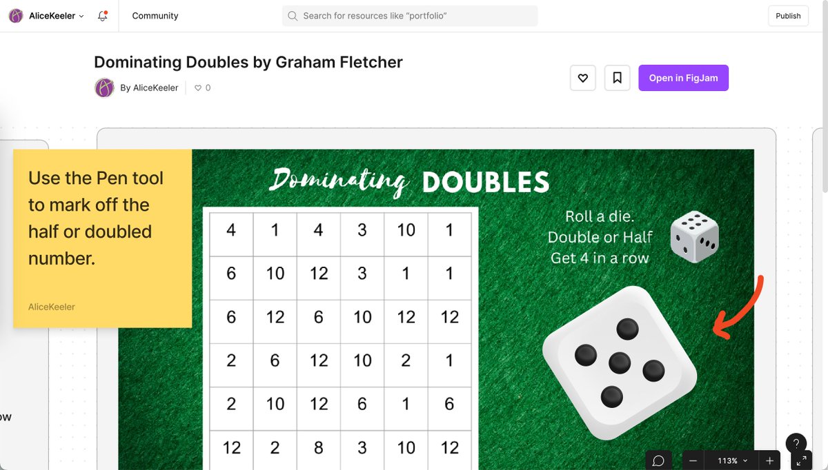 🎲 Try Dominating Doubles ✏️ I made it in a FigJam if you would like a digital dice version: figma.com/community/file… From twitter.com/gfletchy/statu… @gfletchy #ITeachMath @figma @alex_figmaedu