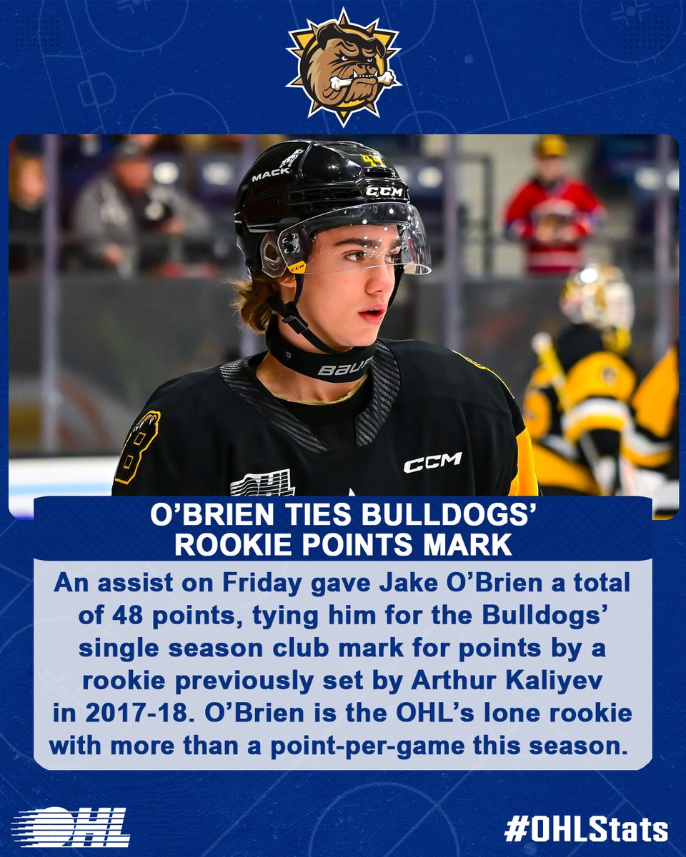 The eighth overall pick of the 2023 #OHLDraft, Jake O'Brien's productive rookie campaign has already put him on the #2025NHLDraft radar. #OHLStats | @BulldogsOHL