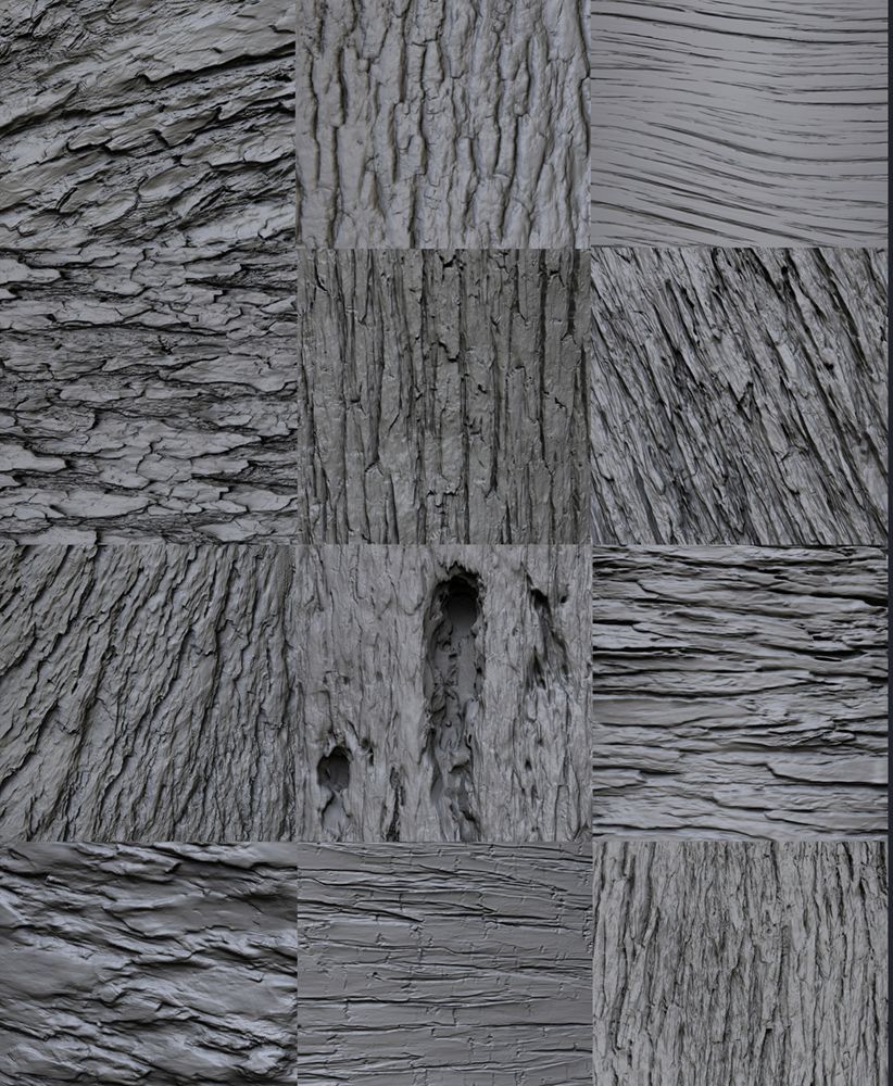 pablander's tweet image. Here are a couple of examples with different effects and detail patterns from my new pack of 'Bark &amp;amp; Wood' custom brushes for #ZBrush - The brushes are available already at: buff.ly/48iQeiA