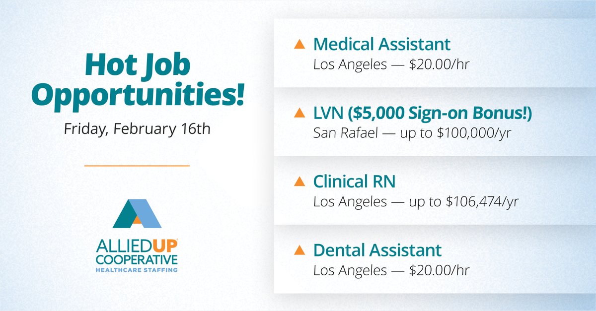 AlliedUPcoop's tweet photo. Happy President’s Day Weekend! You can’t rest when you’re on the #jobsearch and neither do we! Check all of our #hiring assignments at https://t.co/upPS2iRAXa!

#jobs #applytoday #healthcare #RN #CLS #CTTech #RadTech #CardioTech #MA #Medical #Dental #LA #LosAngeles #CA https://t.co/dAMG7JY5dj