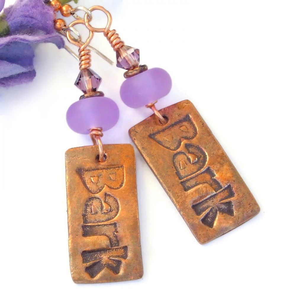 Perfect #Jewelry for a #DogLover: Copper #Bark Dangle #Earrings w/ Frosted Lavender #Lampwork & #Swarovski Crystals!  bit.ly/BarkSD via @ShadowDogDesign #ShopSmall #Handmade #Gift #DogEarrings