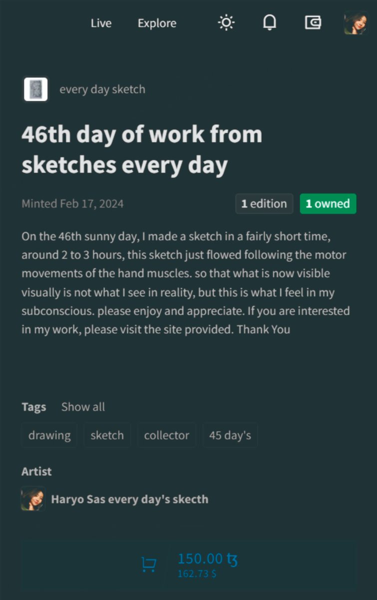 On the 46th day, I made a sketch in a fairly short time, this sketch just flowed following the motor movements of the hand muscles. so that what is now visible visually is not what I see in reality, but this is what I feel in my subconscious. objkt.com/tokens/KT1GtqP…