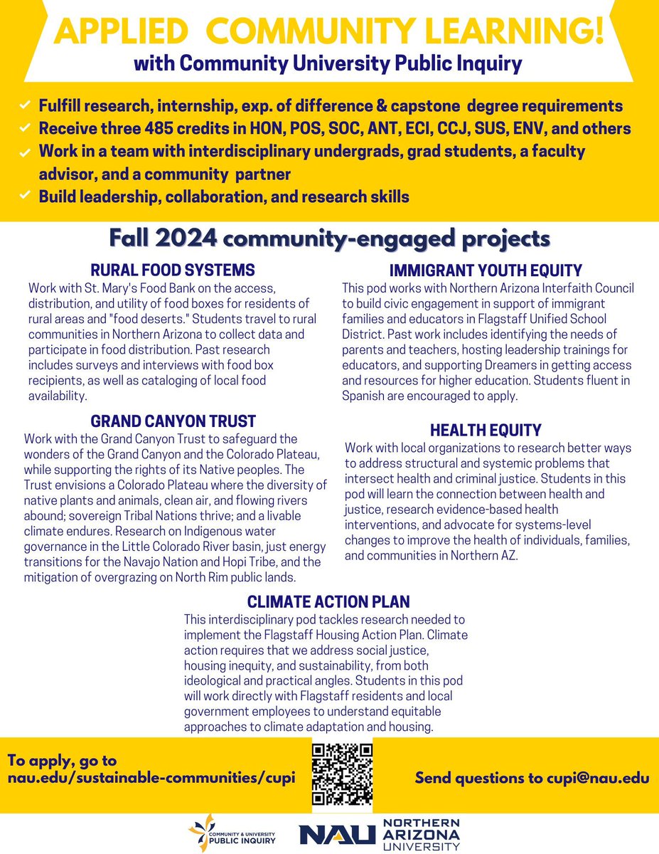 Need internship credit, or want to engage with the Flagstaff community? Take a look at our opportunities with Community-University Public Inquiry (CUPI), which has five pods focusing on understanding the needs of various populations in Flagstaff and Northern Arizona at large.