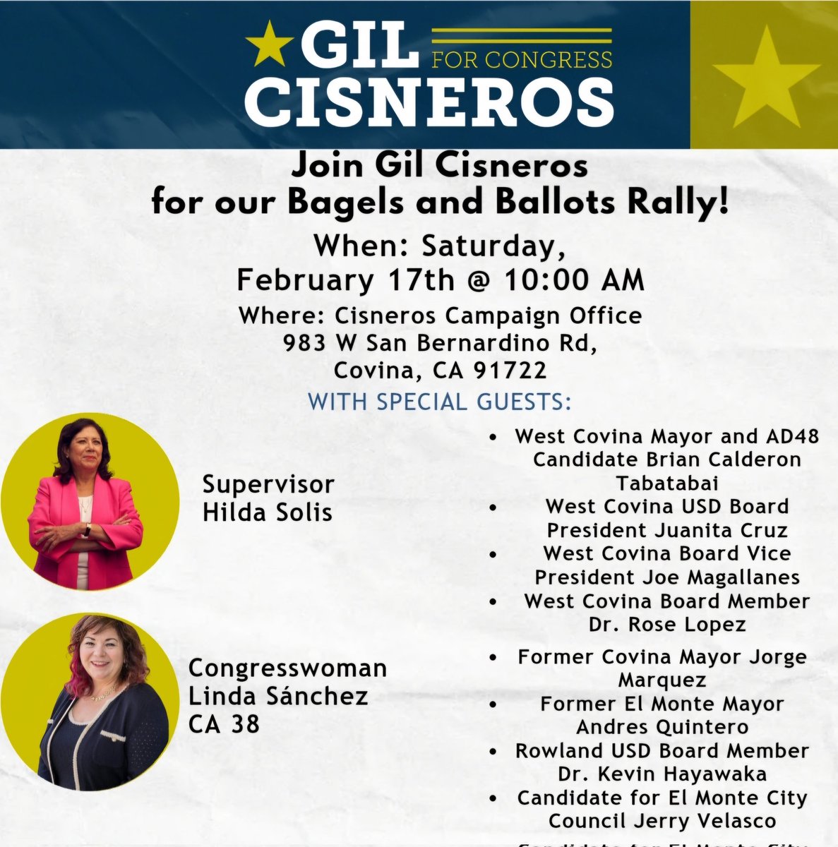 gilsonthehill's tweet photo. TOMORROW: Join me, Supervisor Hilda Solis, Congresswoman Linda Sanchez, and more. 

When: Saturday, February 17th at 10:00 AM

Where: Cisneros for Congress 
  983 W San Bernardino Rd
  Covina, CA 91722

#CA31 #SGV #GILONTHEHILL https://t.co/xUV8gE5bK0