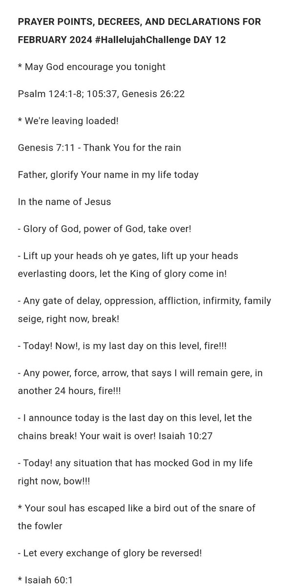 TosinofJesus's tweet photo. PRAYER POINTS, DECREES, AND DECLARATIONS FOR FEBRUARY 2024 #HallelujahChallenge DAY 12 https://t.co/15SZ3hU20x