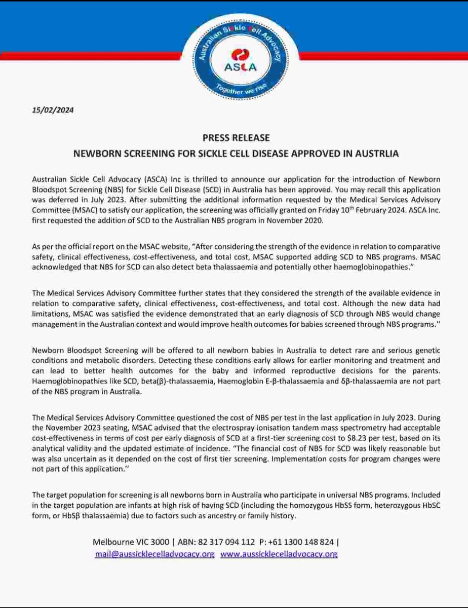 AuSickle's tweet image. #PRESS #RELEASE 

@AuSickle is proud to officially announce that The Medical Advisory Committee ( MSAC) has approved our application for the inclusion of Newborn Screening for Sickle Cell Disease in Australia.
For more information on this link:
lnkd.in/gKeQJqMn
#SickleCell