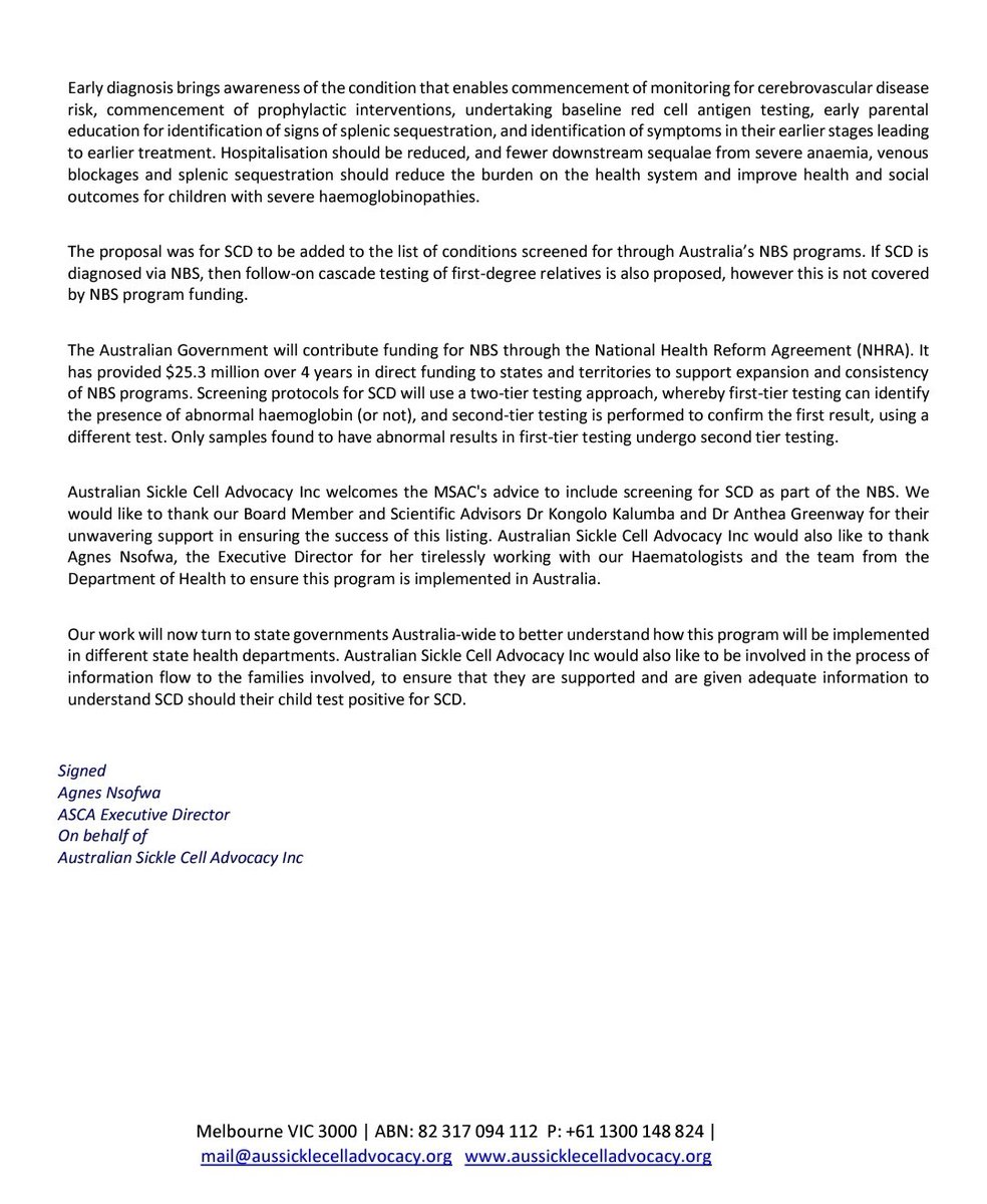 AuSickle's tweet image. #PRESS #RELEASE 

@AuSickle is proud to officially announce that The Medical Advisory Committee ( MSAC) has approved our application for the inclusion of Newborn Screening for Sickle Cell Disease in Australia.
For more information on this link:
lnkd.in/gKeQJqMn
#SickleCell