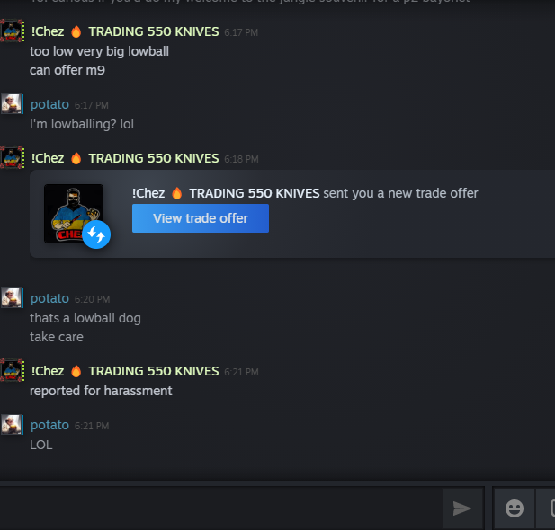 cs2potato (@cs2potato) on Twitter photo This dude is an absolute clown. Tried to offer him a fair trade and he sent me an offer back with a fat loss and false reported me like a weenie <a href="/CheZCSGO/">Chez Trading</a> #cs2 #trader This dude is an absolute clown. Tried to offer him a fair trade and he sent me an offer back with a fat loss and false reported me like a weenie <a href="/CheZCSGO/">Chez Trading</a> #cs2 #trader