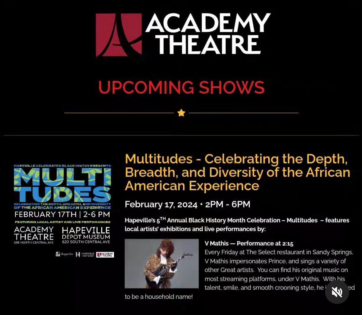 GoSeeDoATL's tweet photo. Come to The Academy Theatre, February 17th, from 2:15 - 3pm. Honoring African American Pioneers in the Music Industry & up and coming Artists such as Prince, Marvin, Al Green, Maxwell, The Weeknd, and V Mathis. #GoSeeDoATL #AcademyTheatre #_VMathis #BlackHistory https://t.co/mbn0edFM56