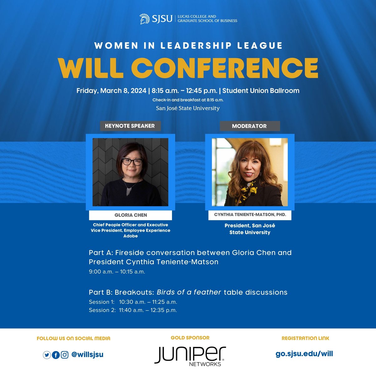 Join us on 3/8 for our 7th annual #SJSU Women in Leadership LeagueConference. This conference brings together top #SiliconValley leaders, alumni, &amp; students from all disciplines. Visit go.sjsu.edu/WILL to register! 💙💛

#sjsubusiness #WHM #WILLsjsu