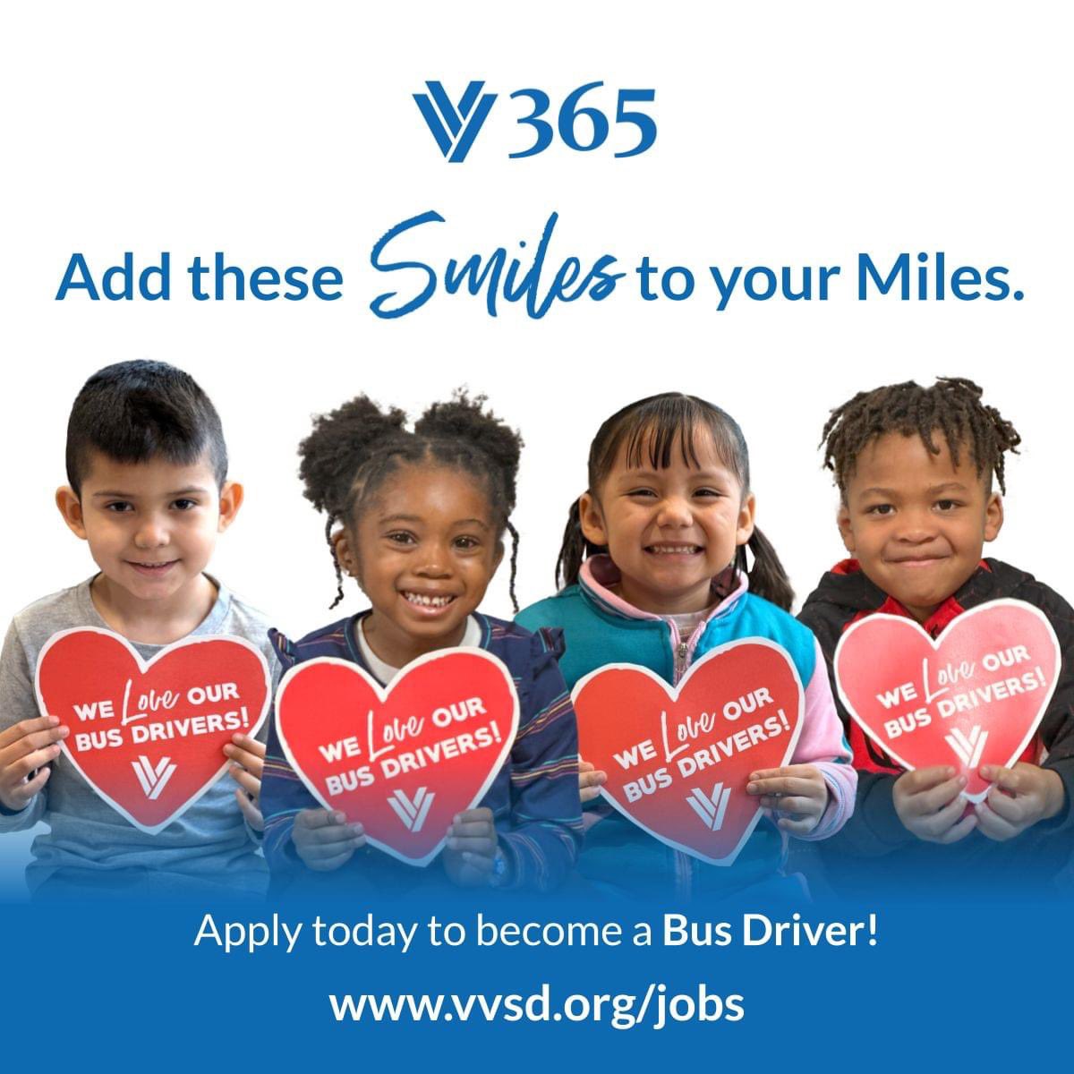 We are looking for bus drivers to join VVSD! Apply today at vvsd.org/jobs for great benefits, $22.51/hr, signing bonus up to $5,000, paid training and daily smiles from our learners. 😄 
#EveryLearner365