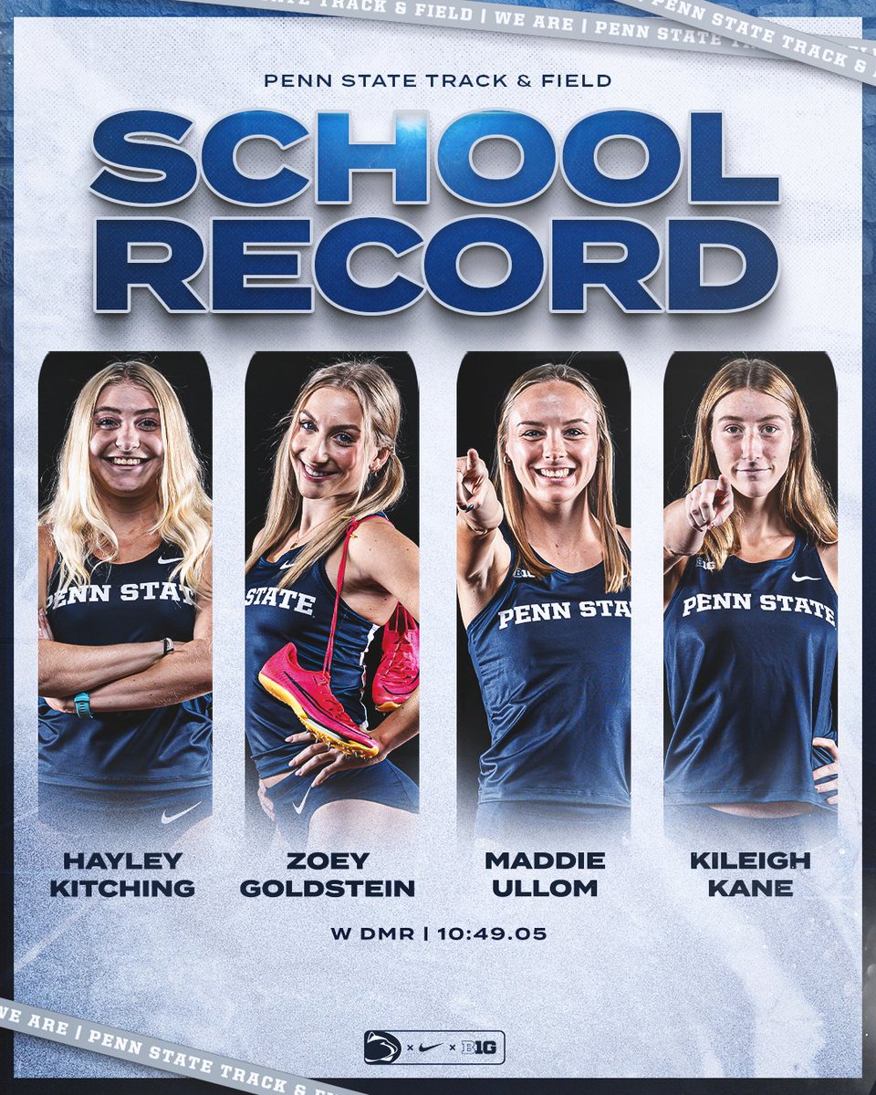 Terrier DMR Challenge W DMR:

🚨 SCHOOL RECORD ALERT🚨 

Kitching, Goldstein, Ullom, and Kane go 10:49.05 to set a new Penn State school record!

Their mark goes down as one of the top ten times in COLLEGIATE HISTORY

#WeAre | #PSUTF