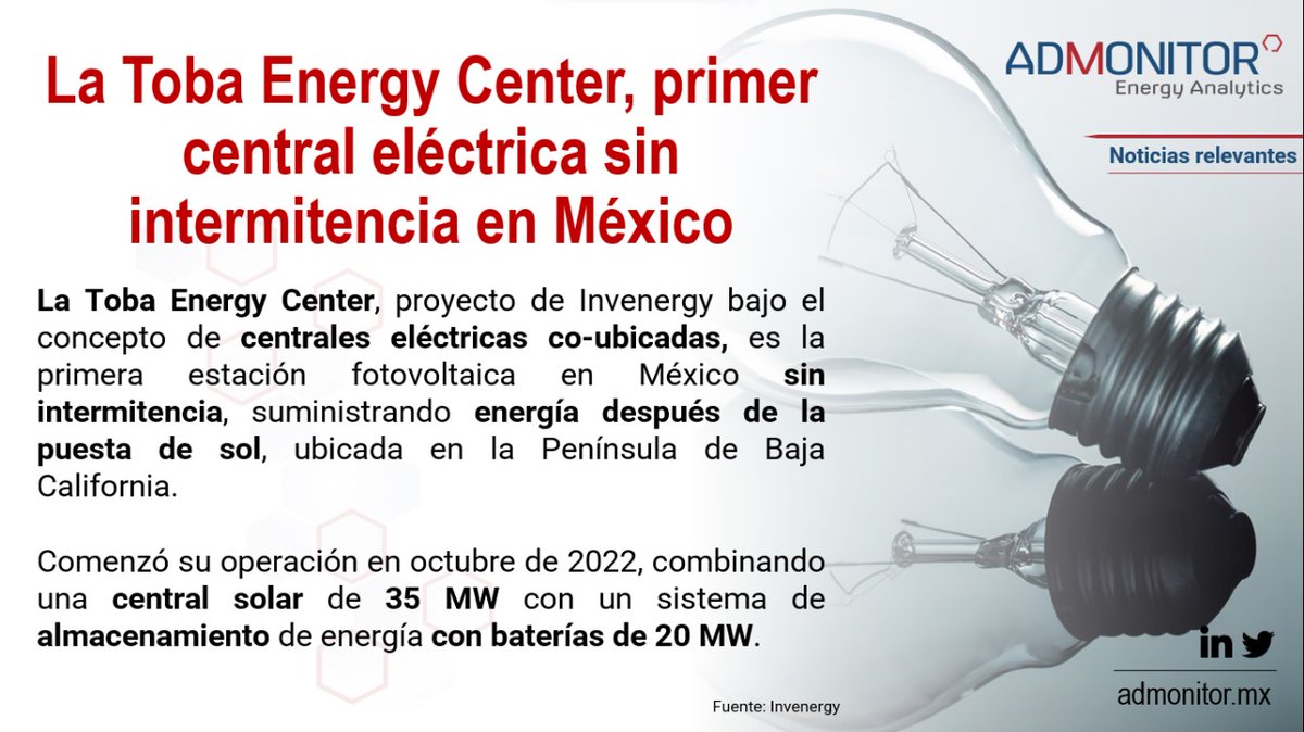 AdmonitorEnergy's tweet photo. La central #fotovoltaica La #Toba, proyecto de @InvenergyLLC , es la primera en su clase sin #intermitencia gracias al sistema de #almacenamiento de #energía con #baterías.

#México #photovoltaic #solar #energy #power #business #California #BajaCaliforniaSur https://t.co/Nwtng4PHOk