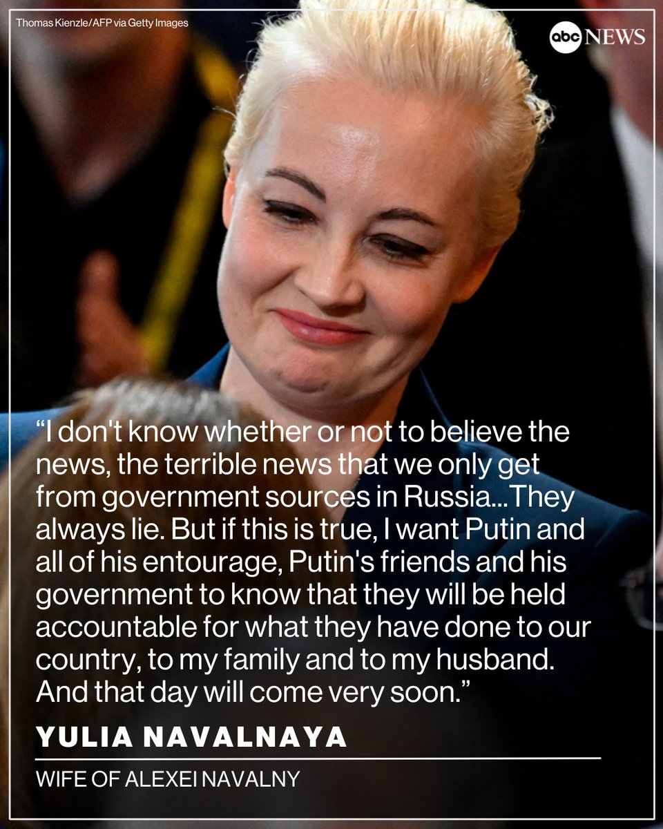 ABC's tweet photo. Alexei Navalny's wife, Yulia Navalnaya, addressed leaders at the Munich Security Conference in Germany following the reports of her husband's death.

Read more: https://t.co/IusLybbMWg https://t.co/yBZIDUFlsC