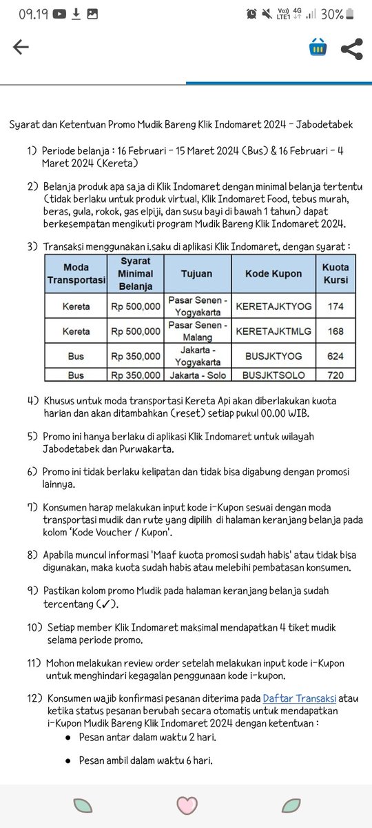 hi_sitihazar's tweet photo. Lagi iseng buka apk indomaret. Ternyata lagi ada program mudik gratis dng syarat belanja min 350k. Dng tujuan jakarta - solo/jakarta - yogya, periode 15 feb-15 maret. Yg minat bisa segera sebelum kehabisan~ https://t.co/kzPSPZMNi5