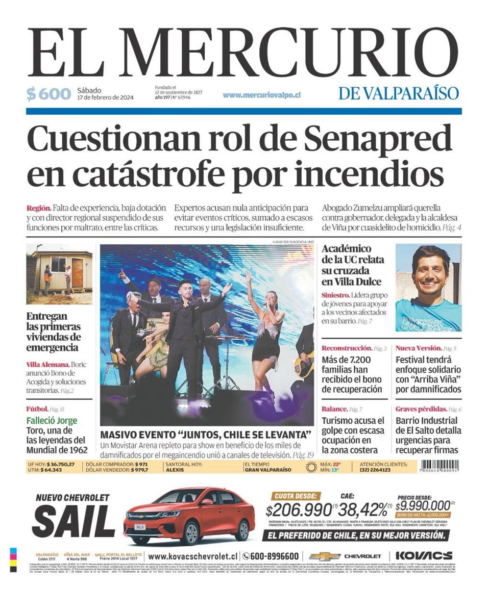 📣 Este sábado en El Mercurio de Valparaíso
🗞️ Cuestionan mal rol de Senapred en catástrofe por incendios
📷 Masivo evento "Juntos, Chile se levanta"
🌎 Lee más en mercuriovalpo.cl