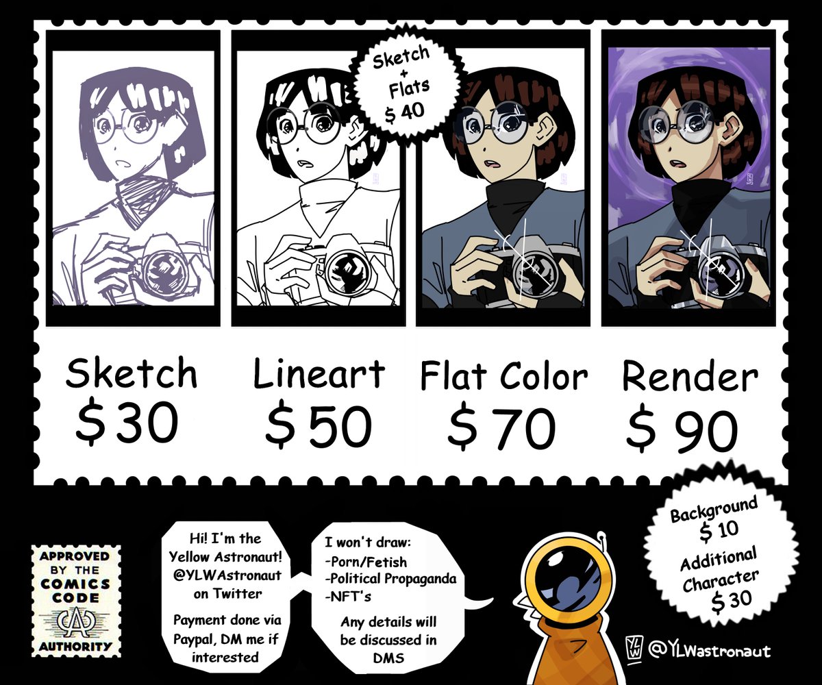 YLWastronaut's tweet image. YELLOW ASTRONAUT'S COMMISSION SHEET
Reach out VIA Twitter DMS
Additional info in the replies