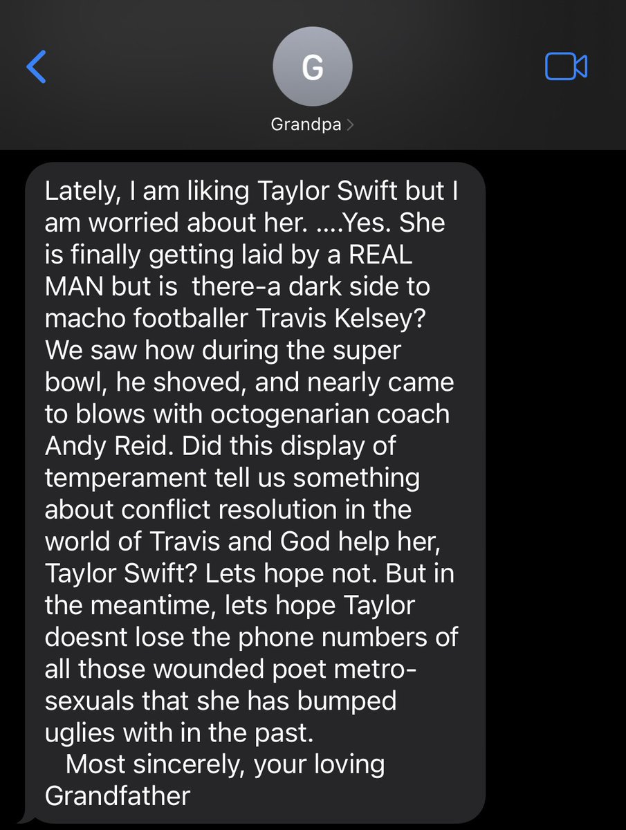 miragonz's tweet image. my grandpa has officially weighed in on the taylor swift / travis kelce situation, and he has some concerns: