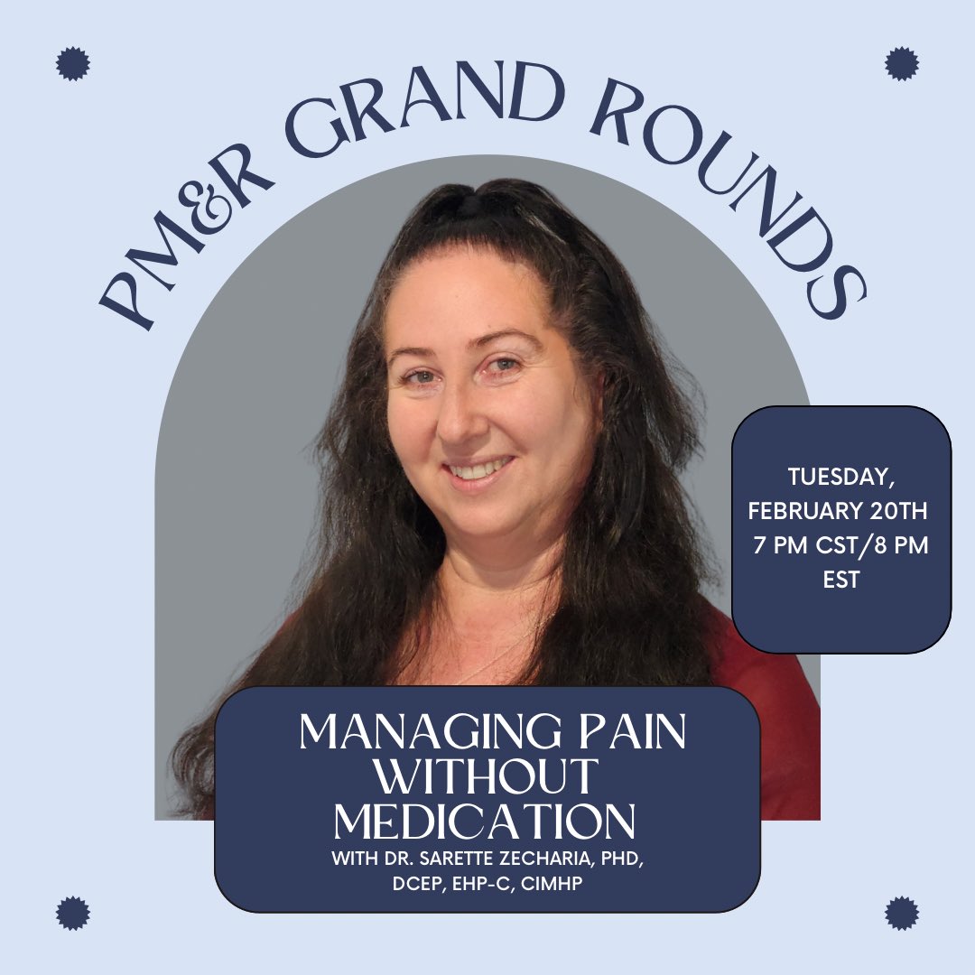 Join us for AOCPMR Resident Grand Rounds with Dr. Sarette Zecharia to discuss Managing Pain without Medication. This will be held on Tuesday, February 20th at 7 p.m. CST/ 8 p.m. EST.

shorturl.at/kw016