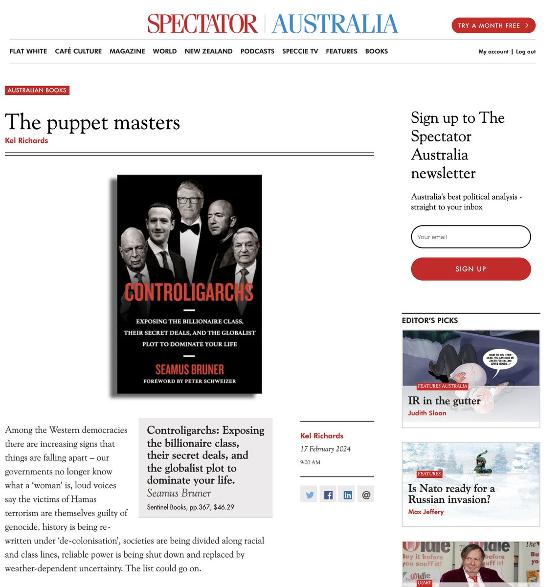 seamusbruner's tweet photo. I am humbled and honored to have such a glowing review of #Controligarchs in the @SpectatorOz. https://t.co/BczOpzL6FB