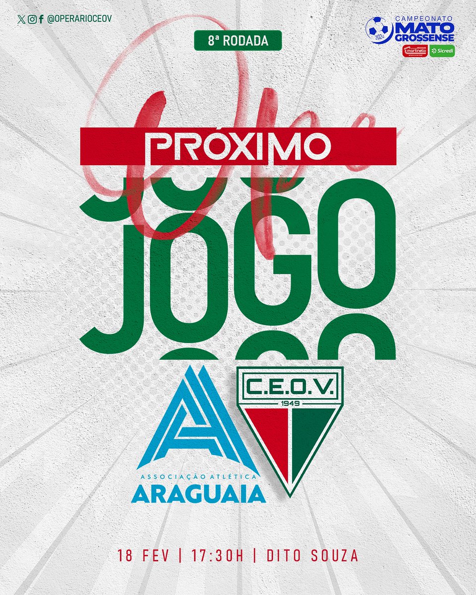 Domingo tem Operário!🔴⚪🟢

Araguaia 🆚 Operário 
📆 Domingo (18/02)
⏰ 17h30
🏟️ Dito Souza
🏆 Campeonato Mato-grossense Martinelli Sicredi 2024
📺 FMF TV

Vamos, OPE!🔥