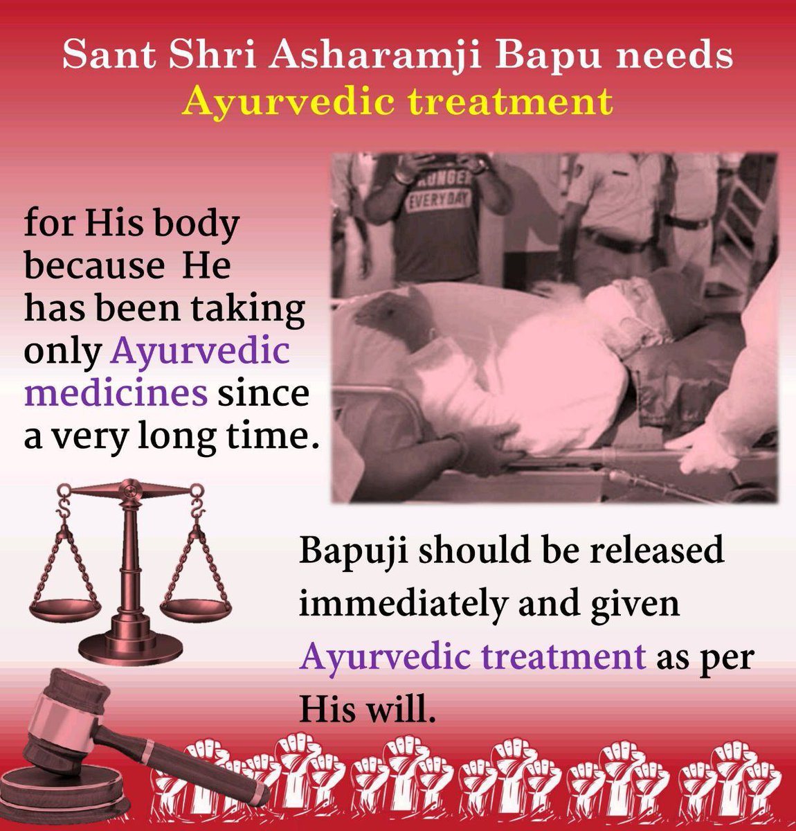 In our country, Many culprit and Politicians are getting Bail but no Medical Bail to Sant Shri Asharamji Bapu for Treatment which is very unfair.

Nation demanding to our Government and Judiciary to look into this #HumanRightsMatter and give justice to Innocent Saint.