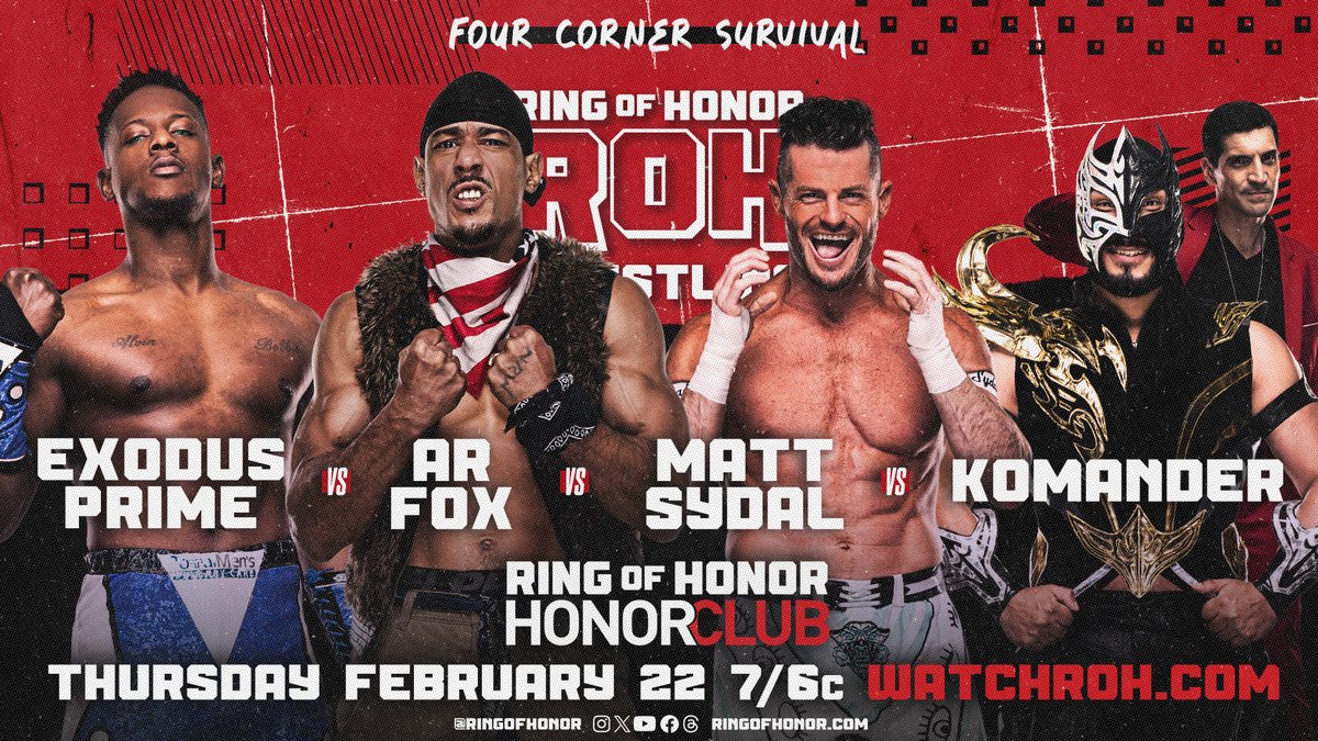 ROH - Ring of Honor Wrestling (@ringofhonor) on Twitter photo Its a fight for survival as <a href="/ARealFoxx/">AR FOX</a>, <a href="/MattSydal/">Matt Sydal</a>, <a href="/KomandercrMX/">Komandercr_luchador</a> & <a href="/the_mass_exodus/">Ma'Gayle Starks</a> battle in a FOUR CORNER SURVIVAL MATCH!
Watch Thursday Night #ROH TV on #HonorClub at WatchROH.com 7/6c Its a fight for survival as <a href="/ARealFoxx/">AR FOX</a>, <a href="/MattSydal/">Matt Sydal</a>, <a href="/KomandercrMX/">Komandercr_luchador</a> & <a href="/the_mass_exodus/">Ma'Gayle Starks</a> battle in a FOUR CORNER SURVIVAL MATCH!
Watch Thursday Night #ROH TV on #HonorClub at WatchROH.com 7/6c