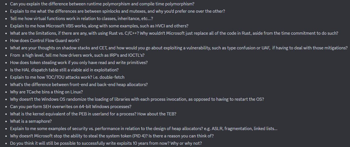 Steph3nSims's tweet image. On the Off By One Security Discord server, I was asked to post some questions I&apos;d ask a potential candidate applying for a vulnerability researcher position. I&apos;m sure some will not agree with the questions, but they work for me! Feel free to use them. 

discord.gg/offbyonesecuri…