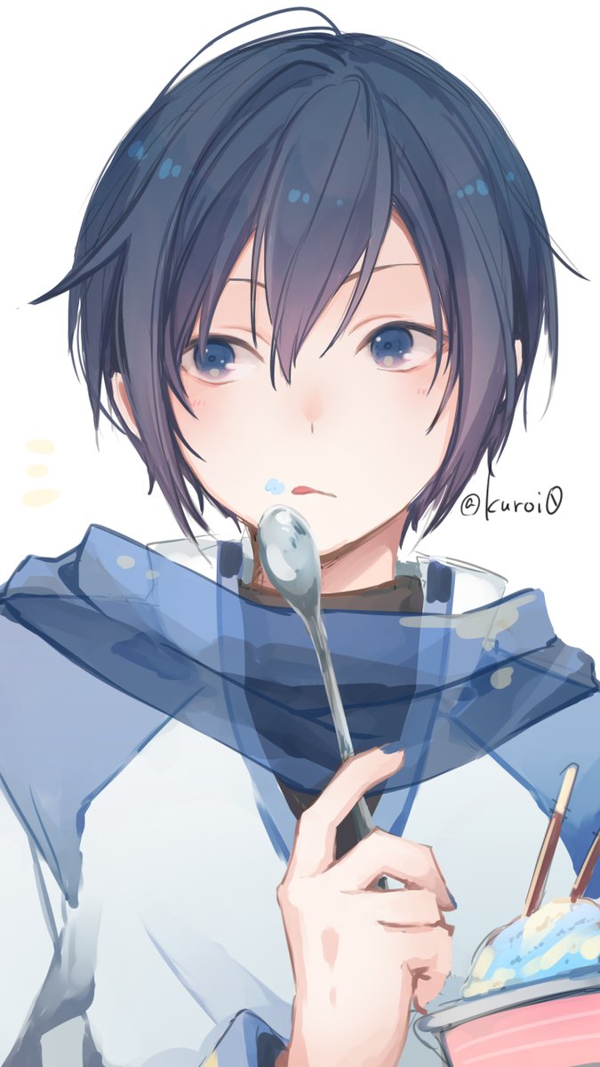 kaito (vocaloid) male focus 1boy food ice cream spoon blue eyes blue hair  illustration images